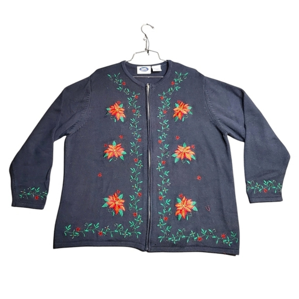Tabi International Holiday Collection Christmas Sweater Cardigan Poinsettia XXL